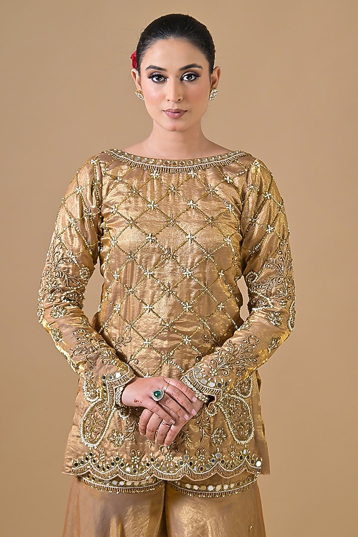 Gold Imported Tissue Wedding Sharara Set by Label Nilansha Jain at Pernia's Pop Up Shop
