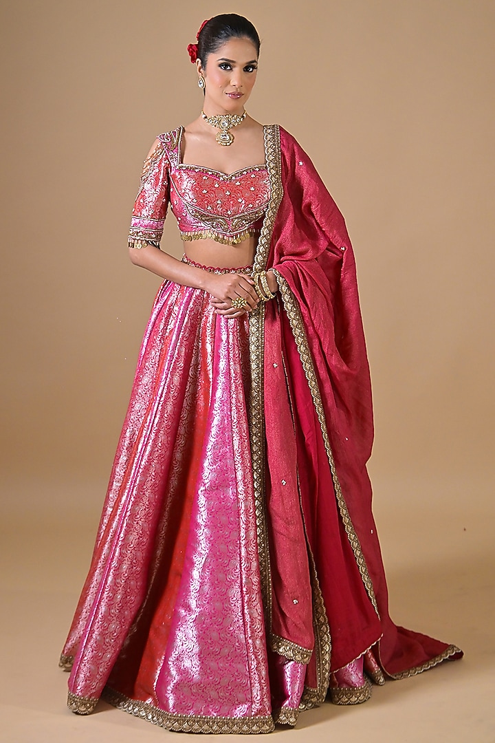 Gajri Pink Banarasi Silk Cutdana Hand Embroidered Wedding Lehenga Set by Label Nilansha Jain at Pernia's Pop Up Shop