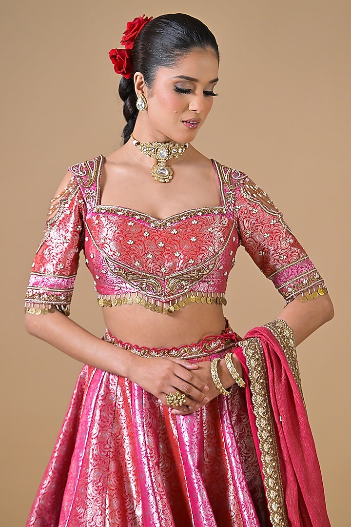 Gajri Pink Banarasi Silk Cutdana Hand Embroidered Wedding Lehenga Set by Label Nilansha Jain at Pernia's Pop Up Shop