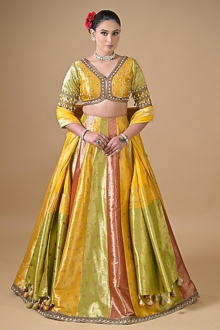 Multi-Colored Banarasi Silk Sequin Embroidered Lehenga Set by Label Nilansha Jain