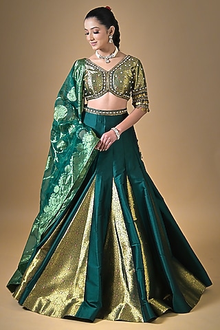 Bottle Green Banarasi Silk Dabka Embroidered Lehenga Set by Label Nilansha Jain