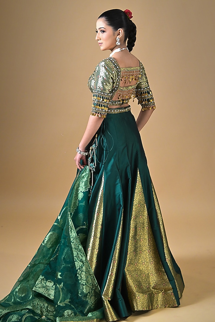 Bottle Green Banarasi Silk Dabka Embroidered Wedding Lehenga Set by Label Nilansha Jain at Pernia's Pop Up Shop