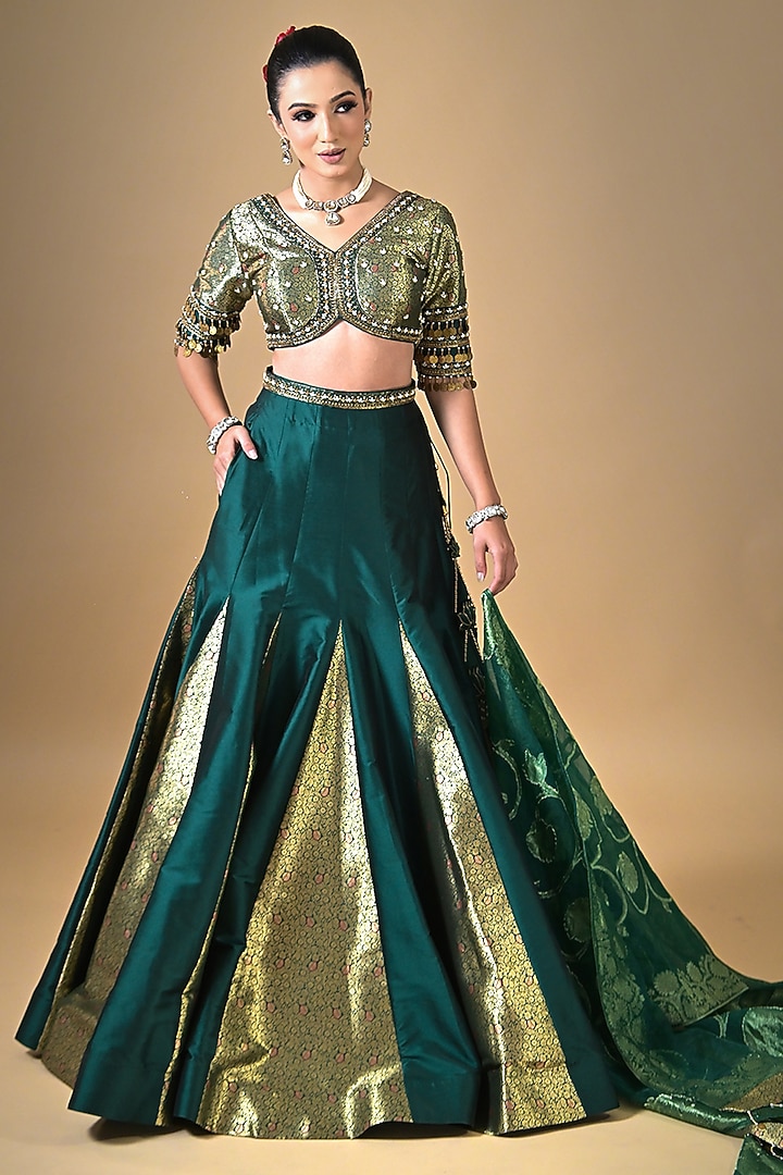 Bottle Green Banarasi Silk Dabka Embroidered Wedding Lehenga Set by Label Nilansha Jain at Pernia's Pop Up Shop