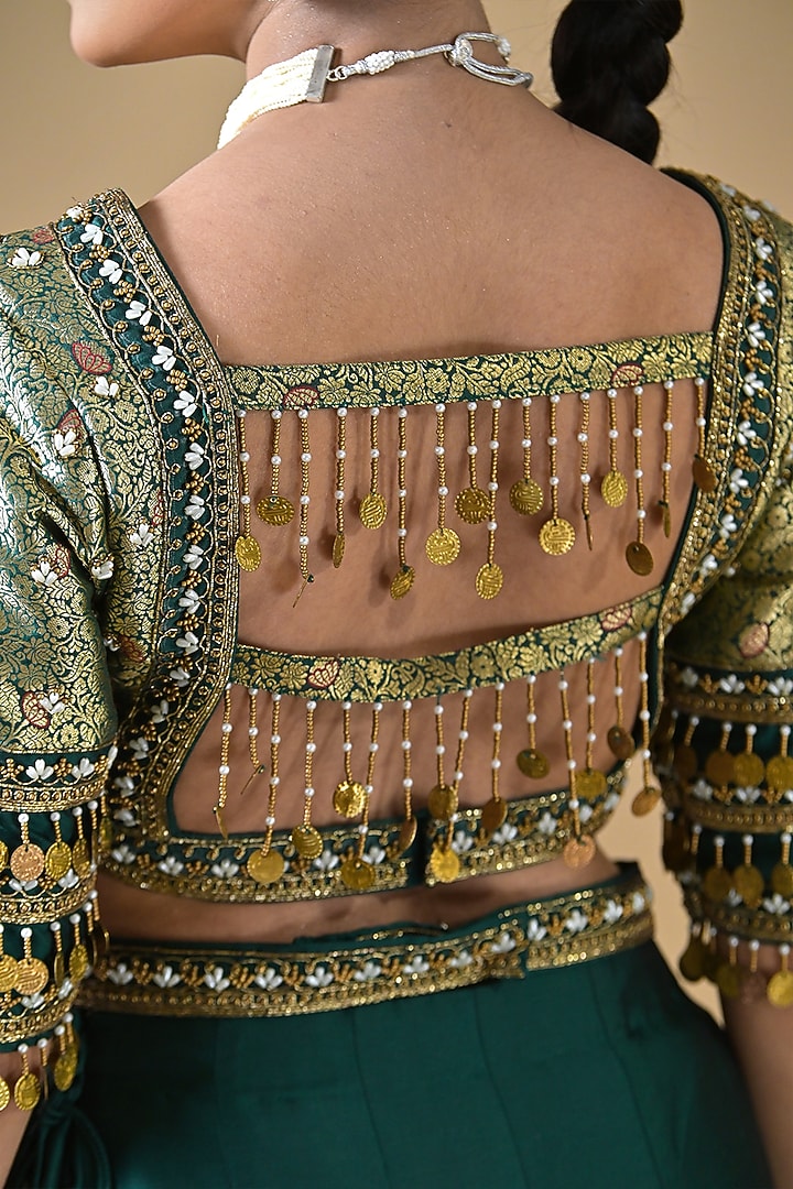 Bottle Green Banarasi Silk Dabka Embroidered Wedding Lehenga Set by Label Nilansha Jain at Pernia's Pop Up Shop