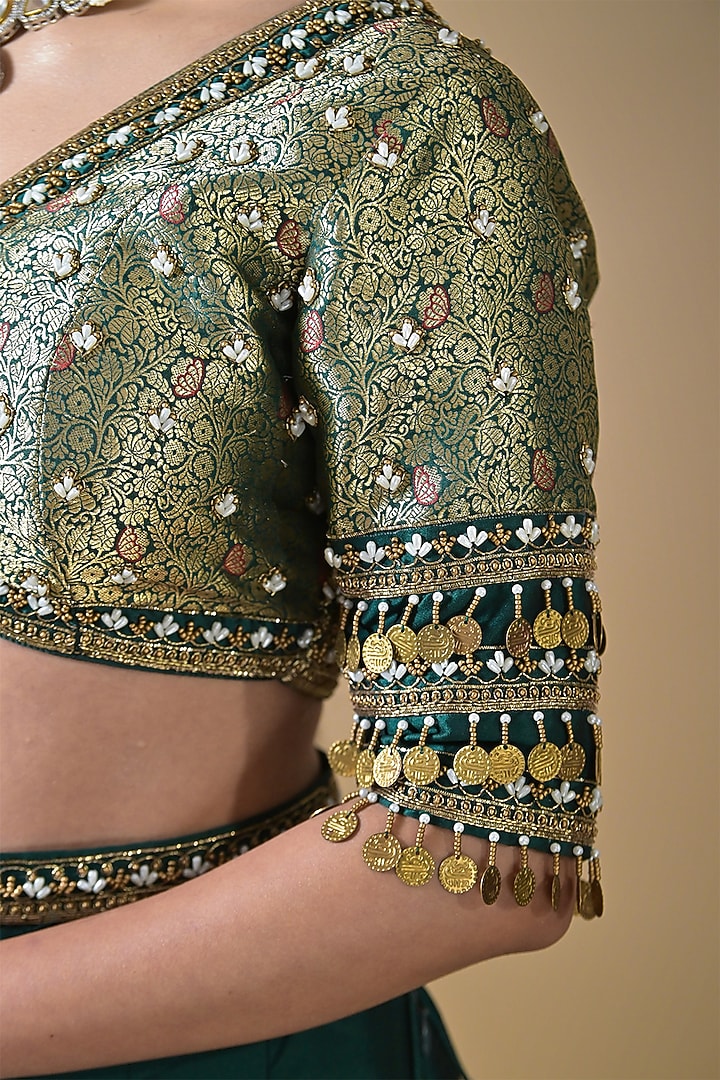 Bottle Green Banarasi Silk Dabka Embroidered Wedding Lehenga Set by Label Nilansha Jain at Pernia's Pop Up Shop