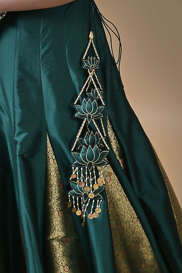 Bottle Green Banarasi Silk Dabka Embroidered Wedding Lehenga Set by Label Nilansha Jain at Pernia's Pop Up Shop