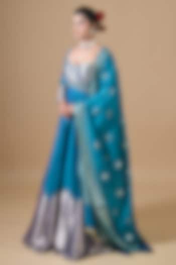 Blue Banarasi Silk Pearl Hand Embroidered Angrakha Wedding Anarkali Set by Label Nilansha Jain at Pernia's Pop Up Shop