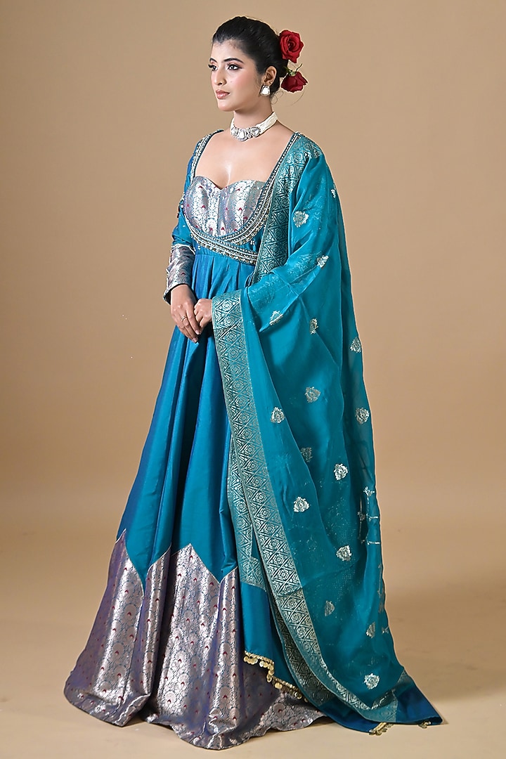 Blue Banarasi Silk Pearl Hand Embroidered Angrakha Wedding Anarkali Set by Label Nilansha Jain at Pernia's Pop Up Shop