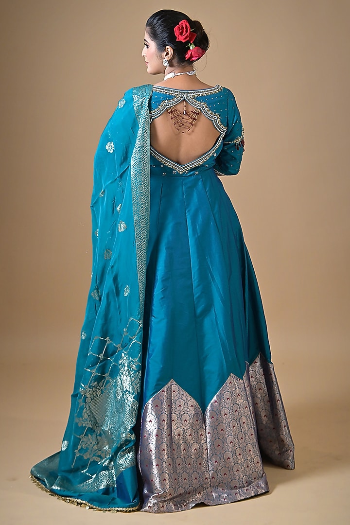 Blue Banarasi Silk Pearl Hand Embroidered Angrakha Wedding Anarkali Set by Label Nilansha Jain at Pernia's Pop Up Shop