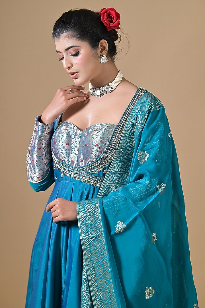 Blue Banarasi Silk Pearl Hand Embroidered Angrakha Wedding Anarkali Set by Label Nilansha Jain at Pernia's Pop Up Shop