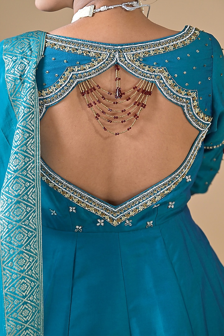 Blue Banarasi Silk Pearl Hand Embroidered Angrakha Wedding Anarkali Set by Label Nilansha Jain at Pernia's Pop Up Shop
