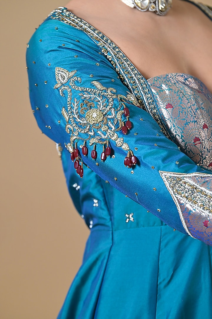 Blue Banarasi Silk Pearl Hand Embroidered Angrakha Wedding Anarkali Set by Label Nilansha Jain at Pernia's Pop Up Shop