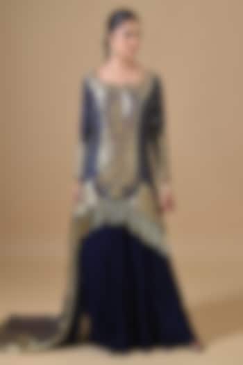 Midnight Blue Banarasi Silk Wedding Sharara Set by Label Nilansha Jain at Pernia's Pop Up Shop