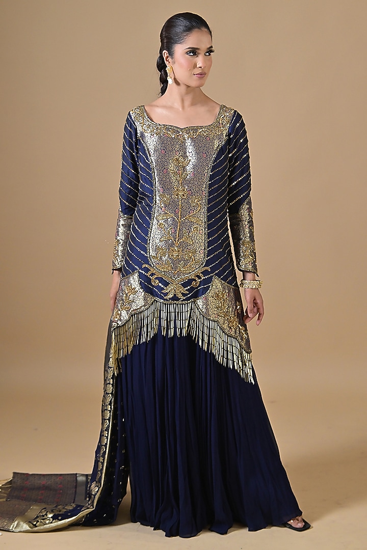 Midnight Blue Banarasi Silk Wedding Sharara Set by Label Nilansha Jain at Pernia's Pop Up Shop