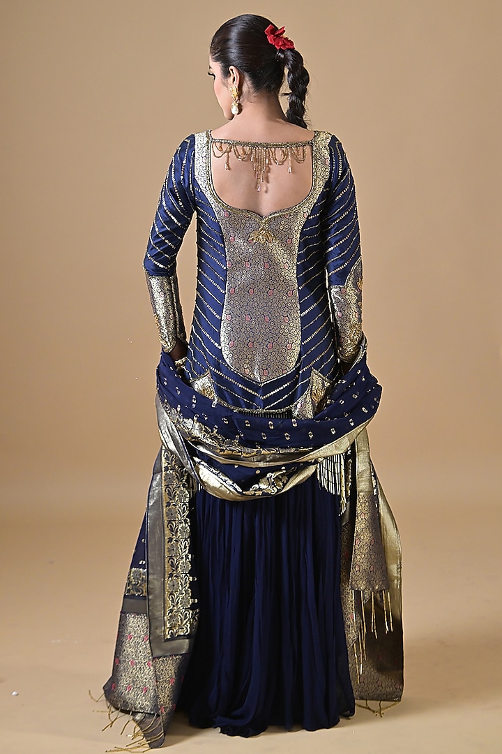 Midnight Blue Banarasi Silk Wedding Sharara Set by Label Nilansha Jain at Pernia's Pop Up Shop