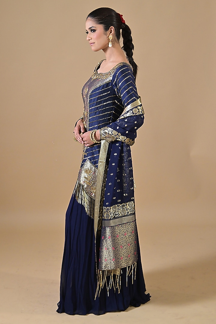 Midnight Blue Banarasi Silk Wedding Sharara Set by Label Nilansha Jain at Pernia's Pop Up Shop