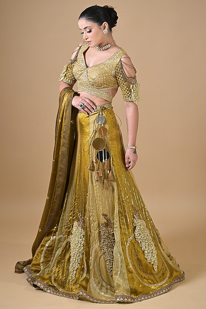 Gold Imported Tissue Zari & Mirror Embroidered Wedding Lehenga Set by Label Nilansha Jain at Pernia's Pop Up Shop