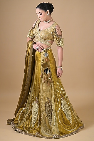 Gold Imported Tissue Zari & Mirror Embroidered Lehenga Set by Label Nilansha Jain