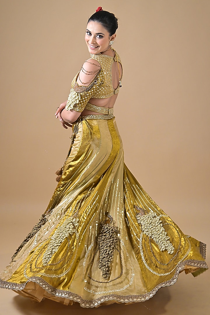 Gold Imported Tissue Zari & Mirror Embroidered Wedding Lehenga Set by Label Nilansha Jain at Pernia's Pop Up Shop