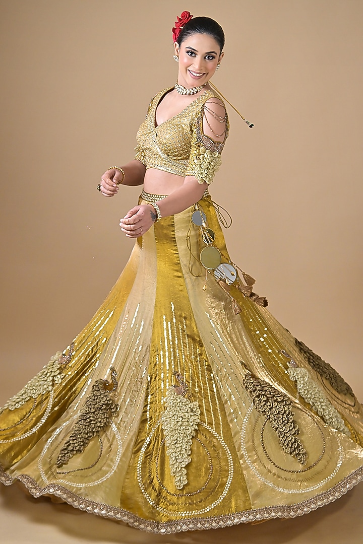 Gold Imported Tissue Zari & Mirror Embroidered Wedding Lehenga Set by Label Nilansha Jain at Pernia's Pop Up Shop