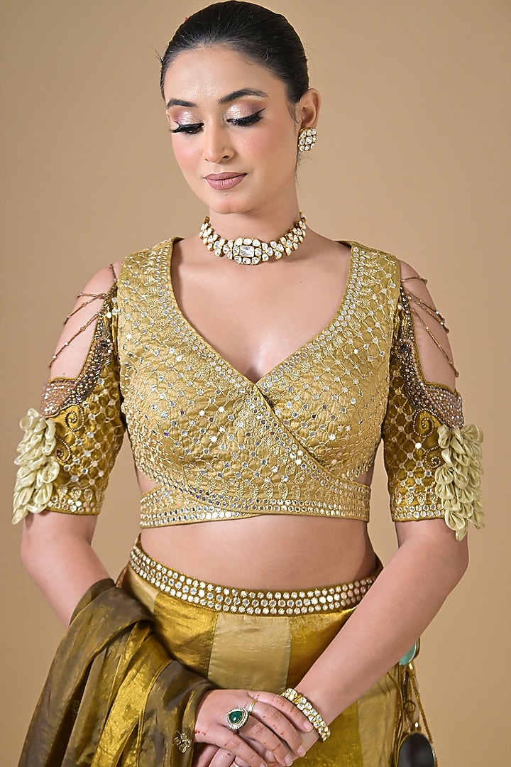 Gold Imported Tissue Zari & Mirror Embroidered Wedding Lehenga Set by Label Nilansha Jain at Pernia's Pop Up Shop