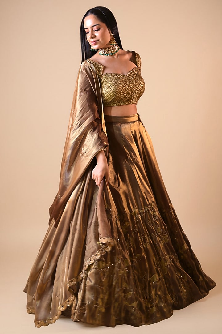 Copper Imported Tissue Applique Embroidered Wedding Lehenga Set by Label Nilansha Jain at Pernia's Pop Up Shop
