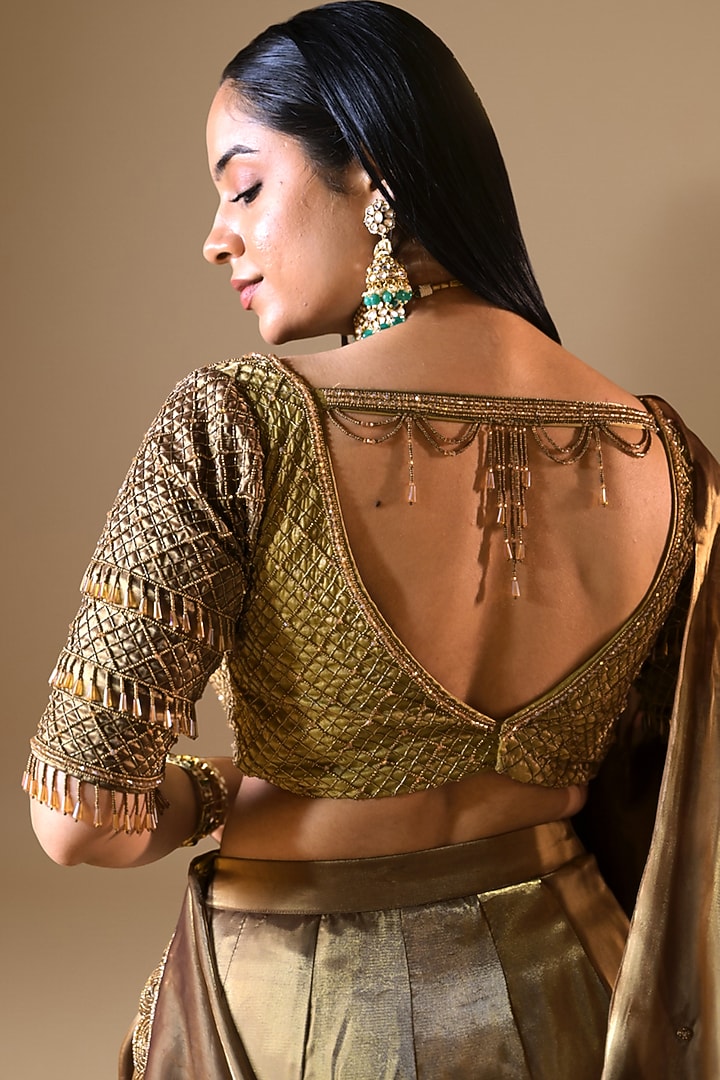 Copper Imported Tissue Applique Embroidered Wedding Lehenga Set by Label Nilansha Jain at Pernia's Pop Up Shop
