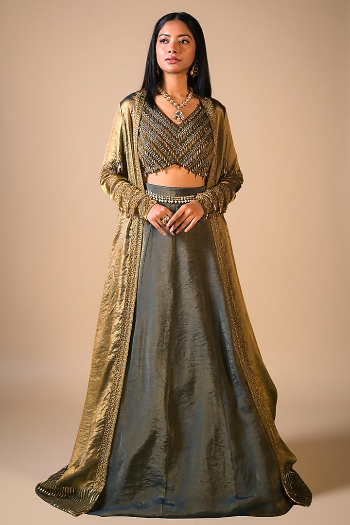 Teal Imported Tissue Jacket Wedding Lehenga Set by Label Nilansha Jain at Pernia's Pop Up Shop