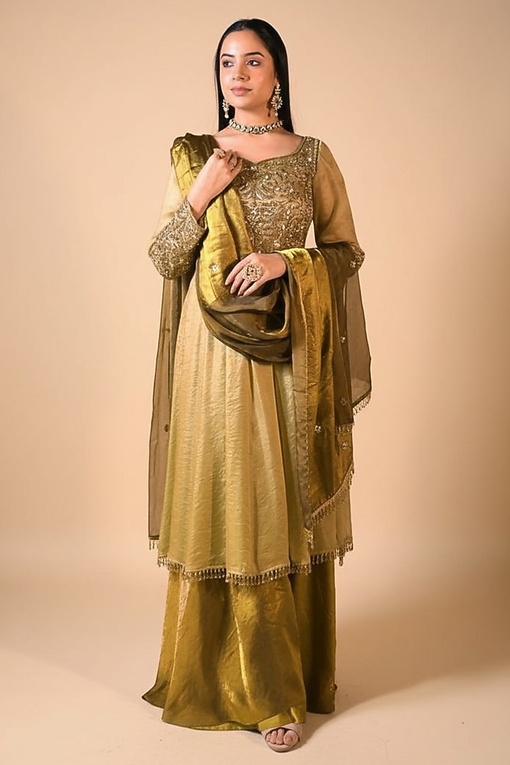 Gold & Copper Imported Tissue Sequin Embroidered Layered Wedding Anarkali Set by Label Nilansha Jain at Pernia's Pop Up Shop
