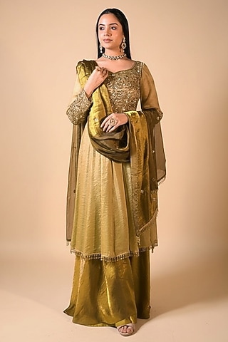 Gold & Copper Imported Tissue Sequin Embroidered Layered Anarkali Set by Label Nilansha Jain