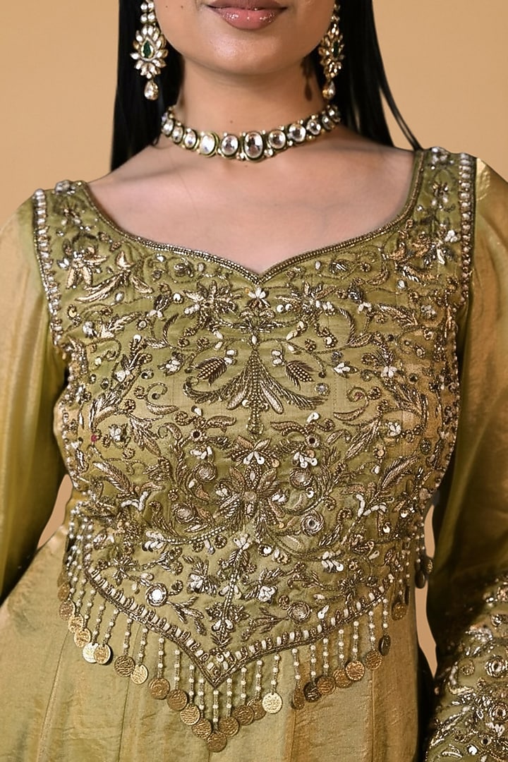 Gold & Copper Imported Tissue Sequin Embroidered Layered Wedding Anarkali Set by Label Nilansha Jain at Pernia's Pop Up Shop