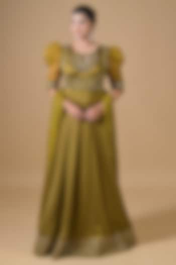 Green Imported Satin Sequin Hand Embroidered Party Wear Anarkali Set by Label Nilansha Jain at Pernia's Pop Up Shop