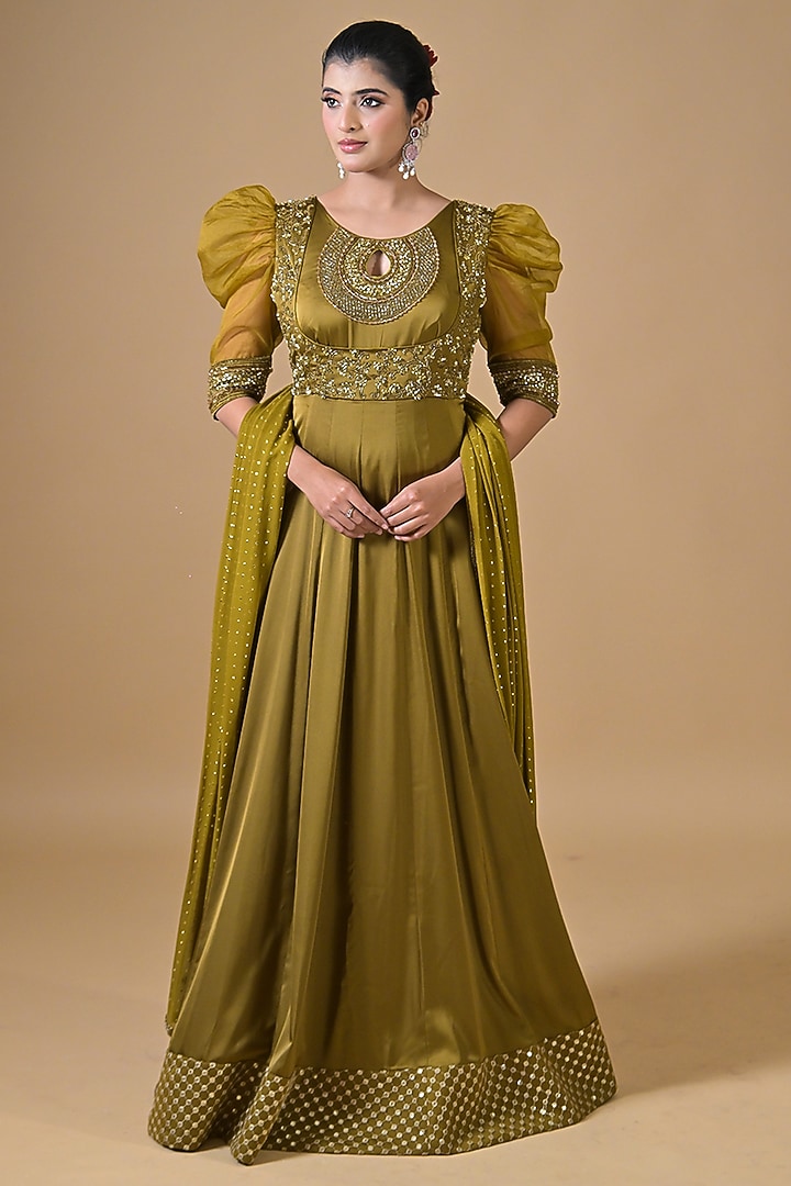Green Imported Satin Sequin Hand Embroidered Party Wear Anarkali Set by Label Nilansha Jain at Pernia's Pop Up Shop