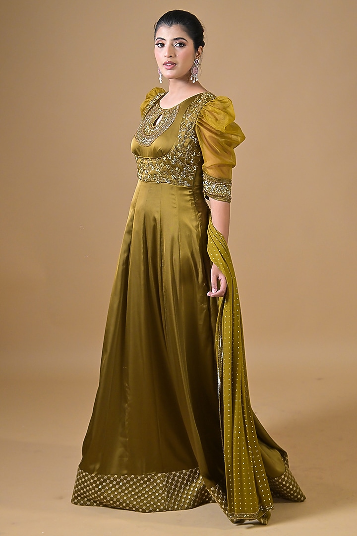 Green Imported Satin Sequin Hand Embroidered Party Wear Anarkali Set by Label Nilansha Jain at Pernia's Pop Up Shop