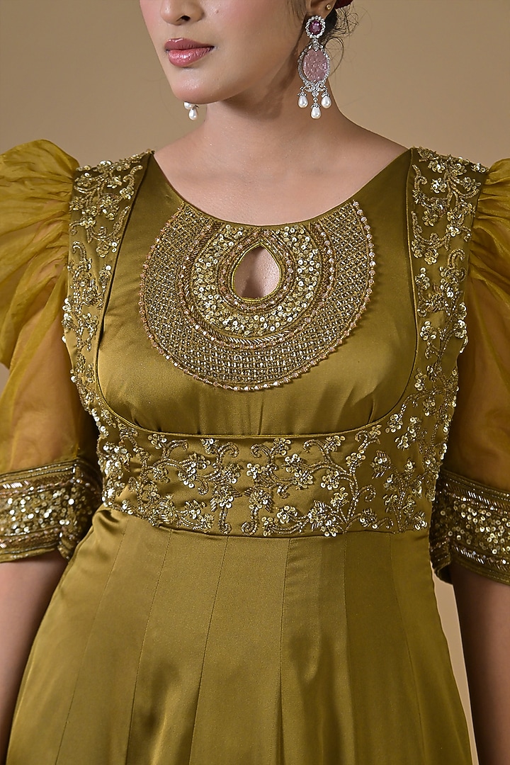 Green Imported Satin Sequin Hand Embroidered Party Wear Anarkali Set by Label Nilansha Jain at Pernia's Pop Up Shop