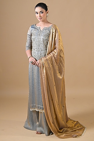 Silver Imported Tissue Zari Embroidered Kurta Set by Label Nilansha Jain