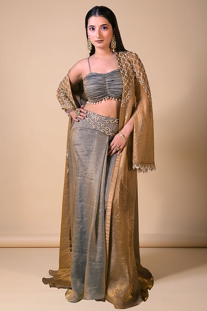 Silver Imported Tissue Draped Skirt Set by Label Nilansha Jain at Pernia's Pop Up Shop