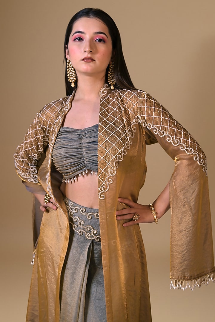 Silver Imported Tissue Draped Skirt Set by Label Nilansha Jain at Pernia's Pop Up Shop
