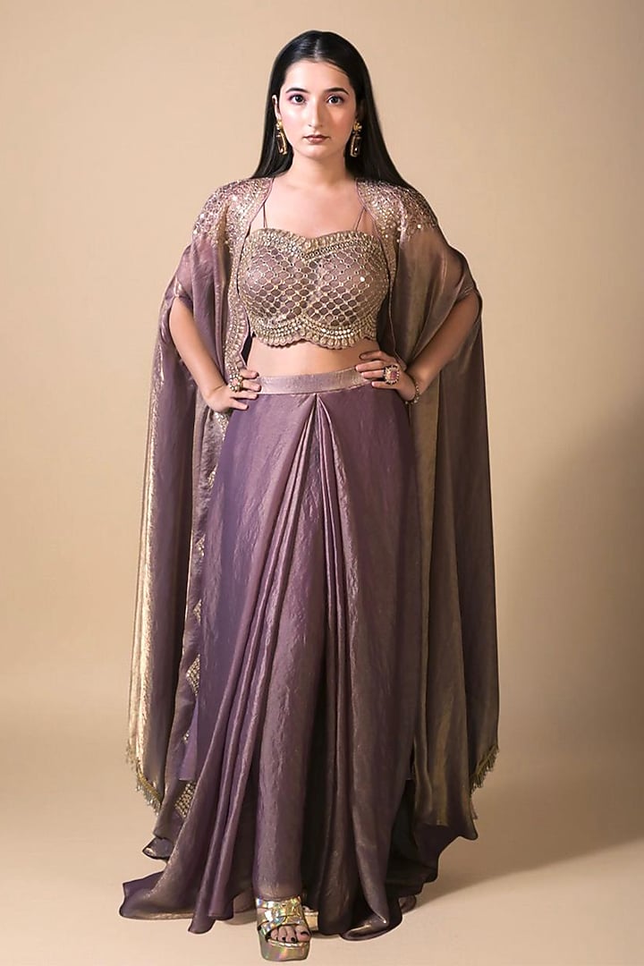 Purple Imported Tissue Draped Skirt Set by Label Nilansha Jain at Pernia's Pop Up Shop