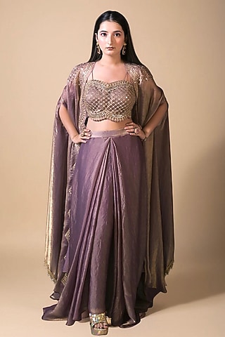 Purple Imported Tissue Draped Skirt Set by Label Nilansha Jain