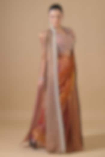 Rose Gold Imported Tissue Pearl Hand Embroidered Pre-Draped Wedding Saree Set by Label Nilansha Jain at Pernia's Pop Up Shop