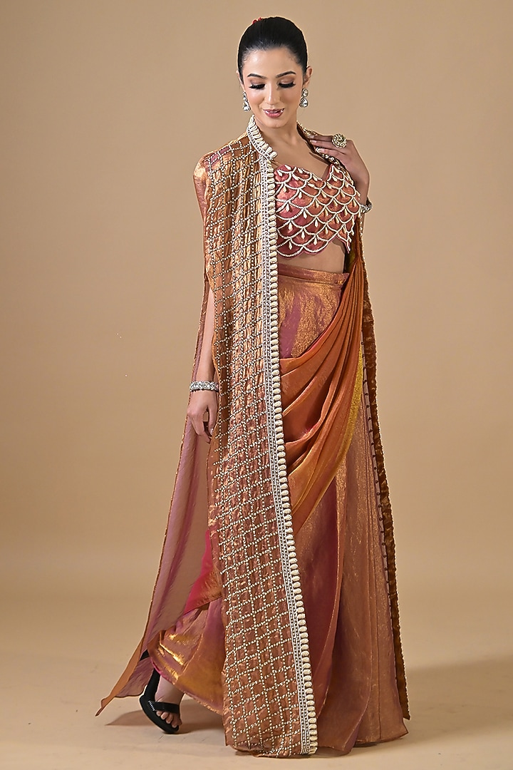 Rose Gold Imported Tissue Pearl Hand Embroidered Pre-Draped Wedding Saree Set by Label Nilansha Jain at Pernia's Pop Up Shop