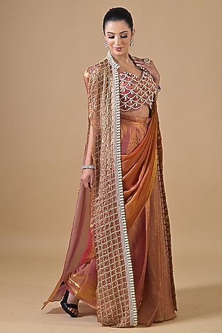 Rose Gold Imported Tissue Pearl Hand Embroidered Pre-Draped Saree Set by Label Nilansha Jain
