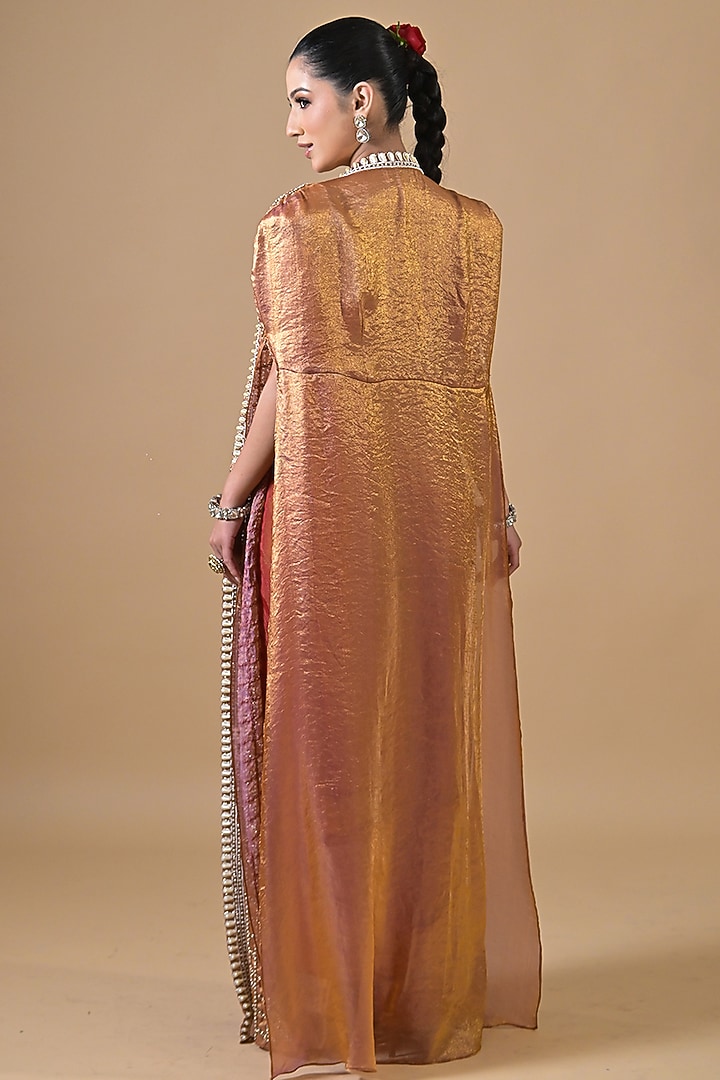 Rose Gold Imported Tissue Pearl Hand Embroidered Pre-Draped Wedding Saree Set by Label Nilansha Jain at Pernia's Pop Up Shop