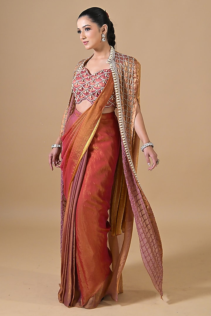 Rose Gold Imported Tissue Pearl Hand Embroidered Pre-Draped Wedding Saree Set by Label Nilansha Jain at Pernia's Pop Up Shop