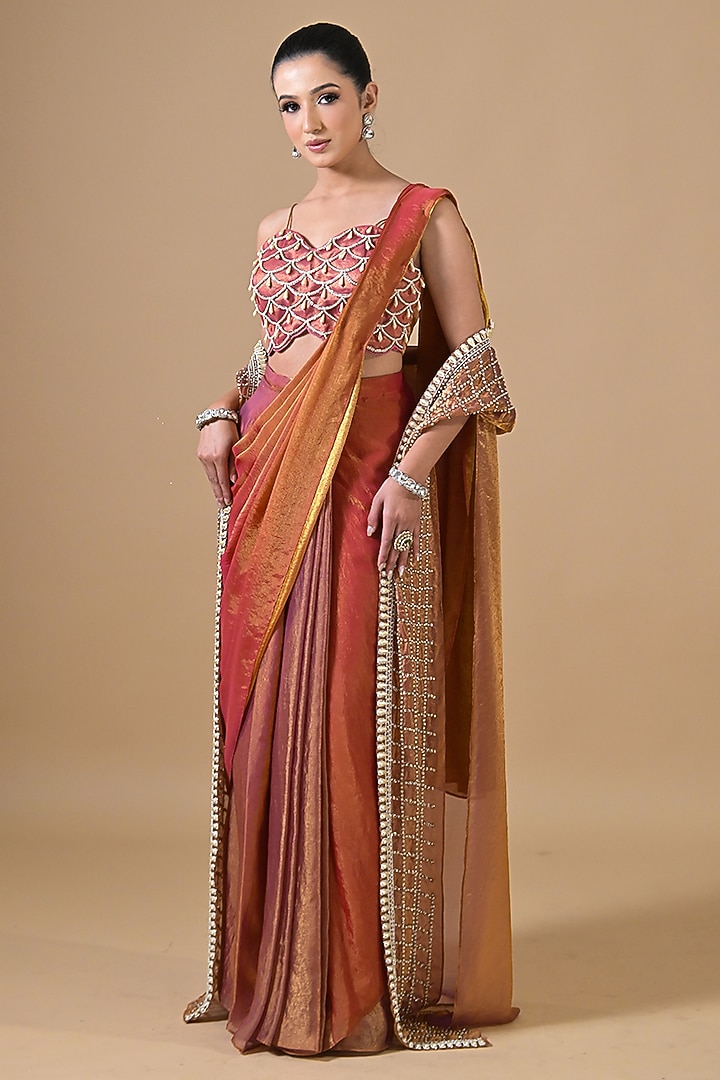 Rose Gold Imported Tissue Pearl Hand Embroidered Pre-Draped Wedding Saree Set by Label Nilansha Jain at Pernia's Pop Up Shop