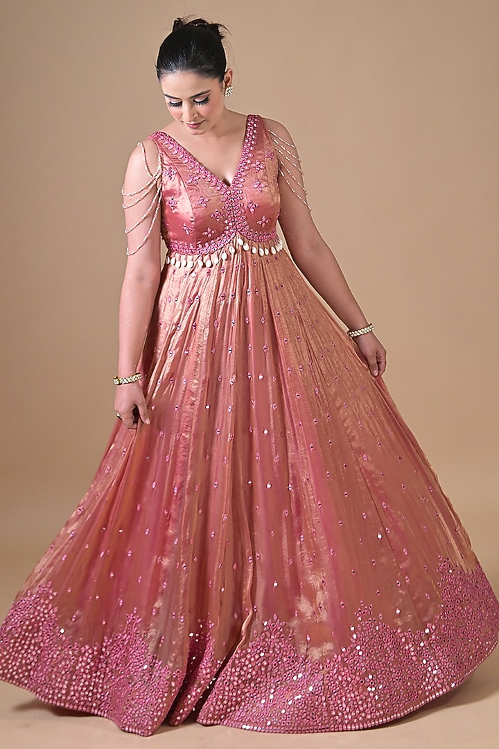 Rose Gold Imported Tissue Hand Embroidered Wedding Anarkali Set by Label Nilansha Jain at Pernia's Pop Up Shop