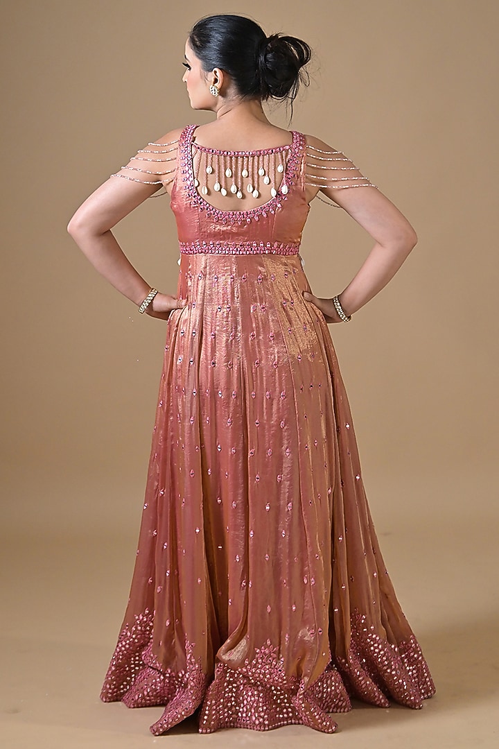 Rose Gold Imported Tissue Hand Embroidered Wedding Anarkali Set by Label Nilansha Jain at Pernia's Pop Up Shop