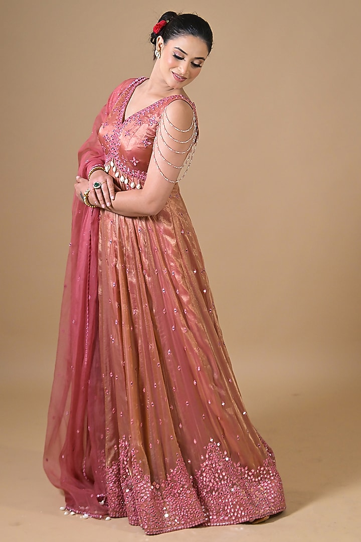 Rose Gold Imported Tissue Hand Embroidered Wedding Anarkali Set by Label Nilansha Jain at Pernia's Pop Up Shop