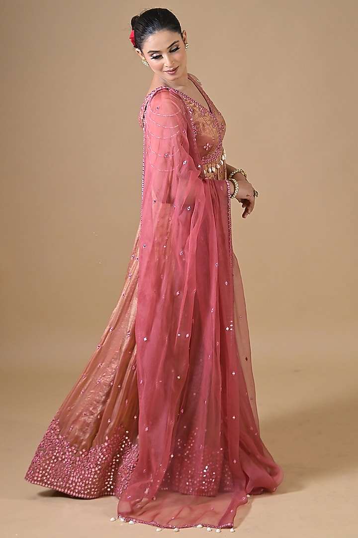 Rose Gold Imported Tissue Hand Embroidered Wedding Anarkali Set by Label Nilansha Jain at Pernia's Pop Up Shop